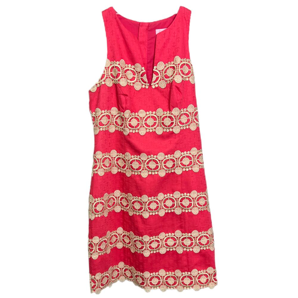 Lilly Pulitzer Augusta Pink Sz 0 Jacquard Shift Dress Gold Lace Trim Sleeveless